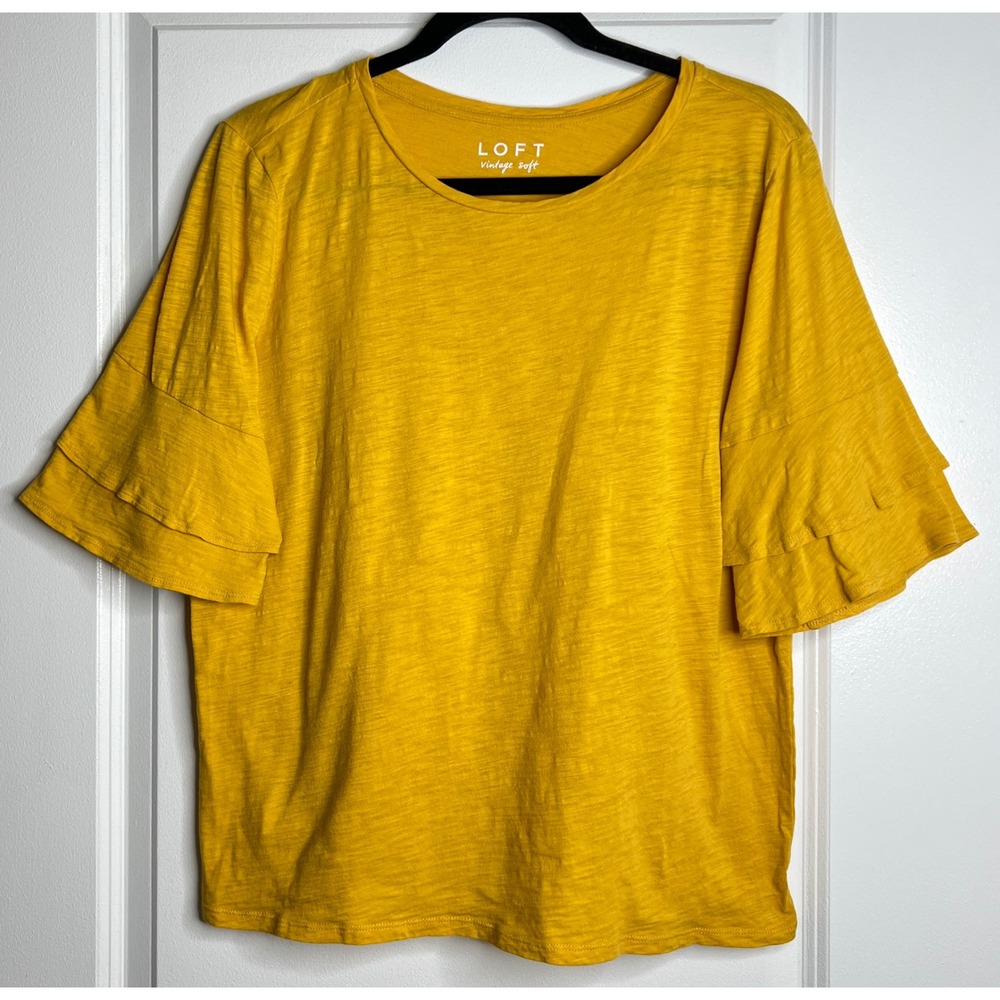 LOFT Vintage Soft Mustard Yellow Ruffle Sleeve Cotton Slub Tee Top Large